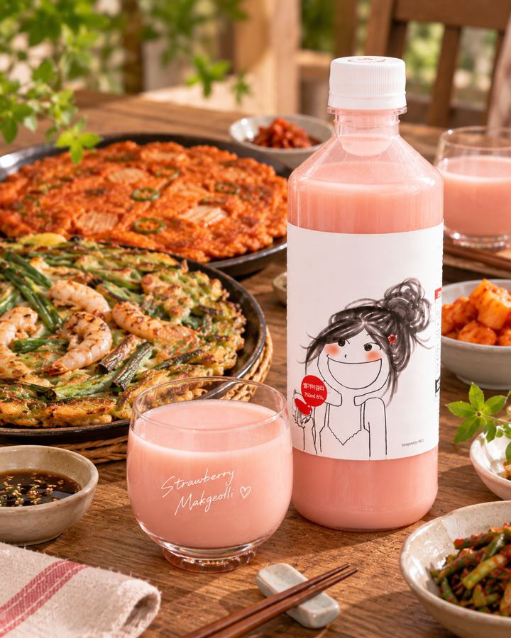 파전과 반찬이 놓인 상 위의 딸기막걸리와 잔